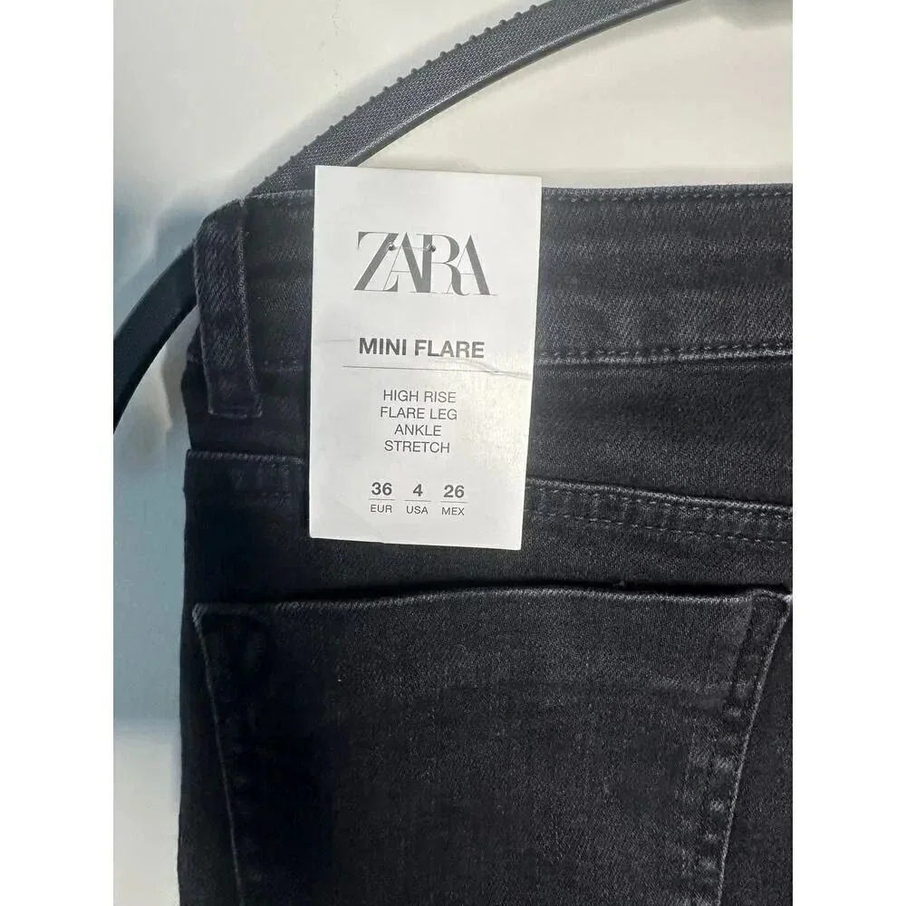 Zara Mini Flare High Rise‎ Ankle Jeans Black Raw Hem 6147/121 Womens Size 4